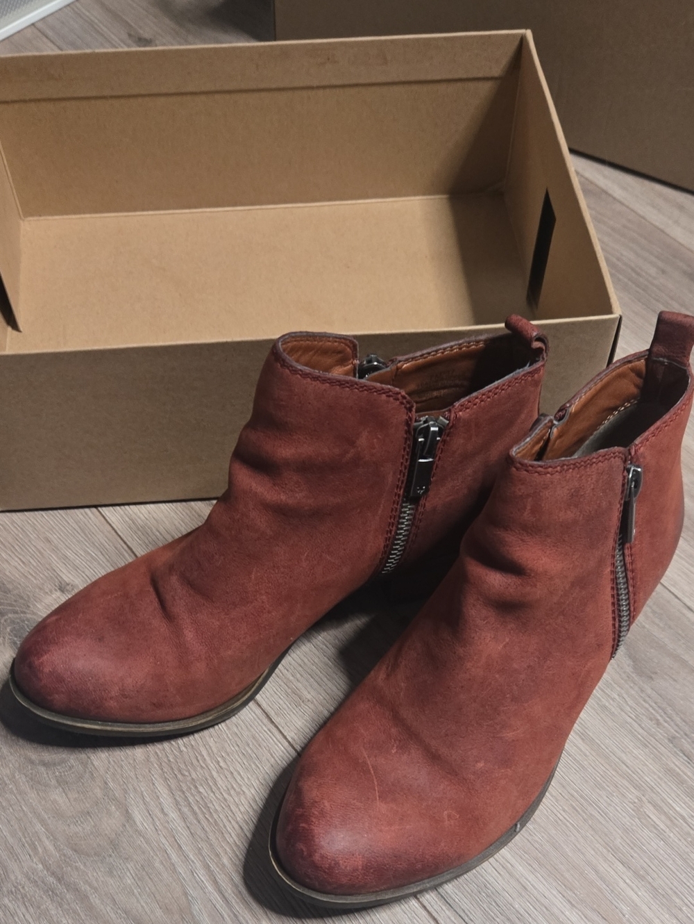 Lucky Brand Rust Brown Suede Ankle Booties with Side Zippers